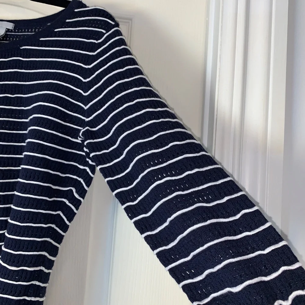 Nautical Striped Knit Sweater Navy White 3/4 Sleeve Size M – Lightweight Coastal - Picture 5 of 11